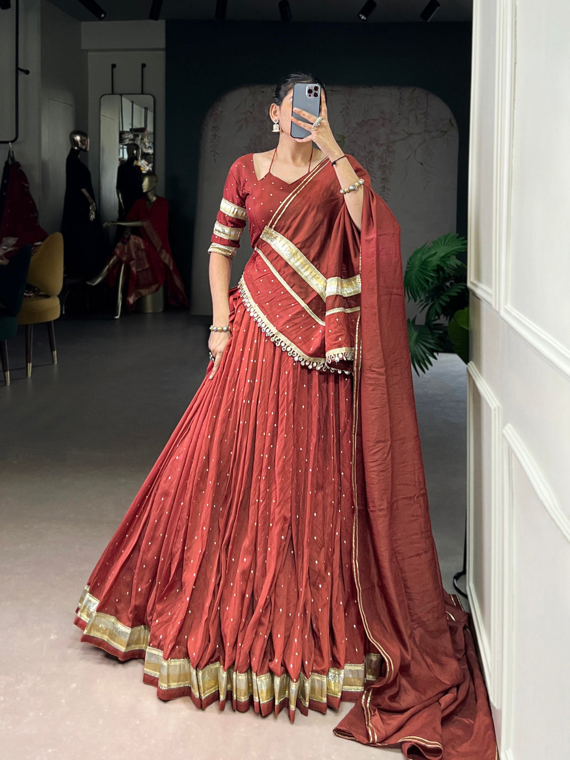 Rust Orange Elegant Pure Chanderi Zari Weaving Lehenga Set with Embossed Design & Lace Touch-Up – 6-Meter Flair Stitched Lehenga, Blouse & Dupatta
