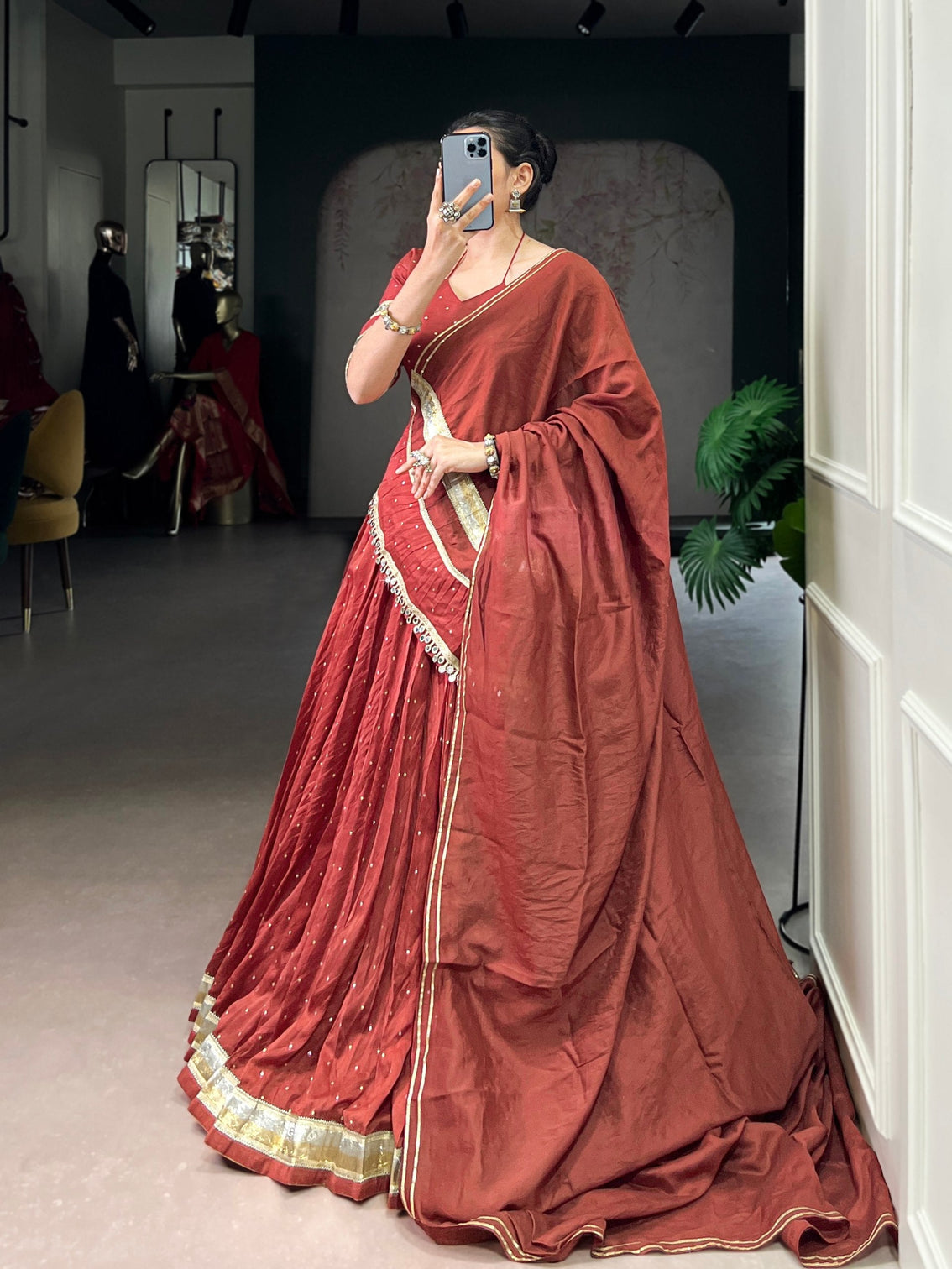 Rust Orange Elegant Pure Chanderi Zari Weaving Lehenga Set with Embossed Design & Lace Touch-Up – 6-Meter Flair Stitched Lehenga, Blouse & Dupatta