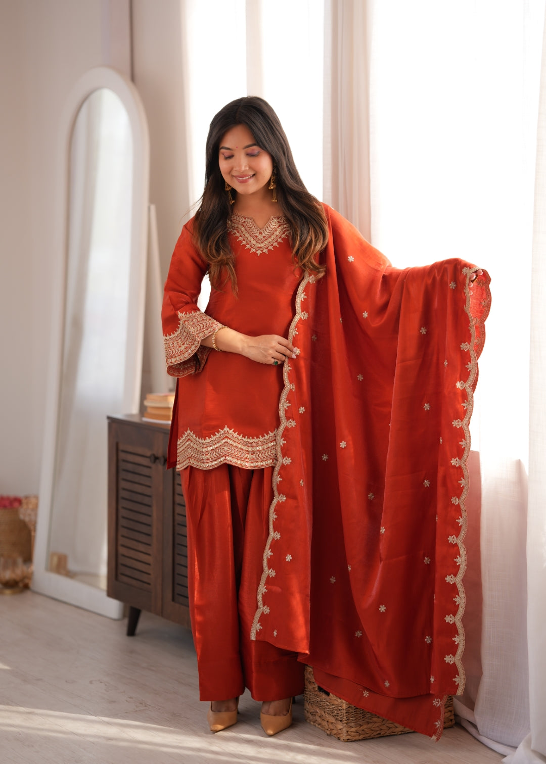 Rust Orange Embroidered Silk Suit Set