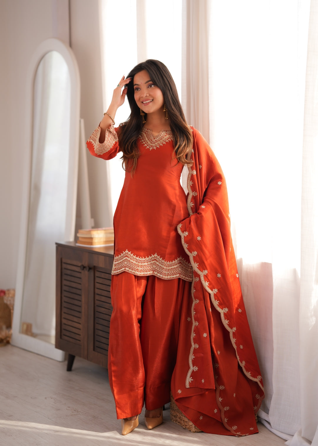 Rust Orange Embroidered Silk Suit Set