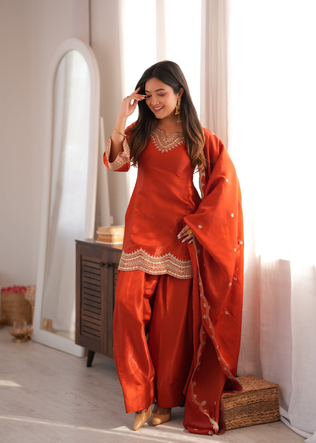 Rust Orange Embroidered Silk Suit Set