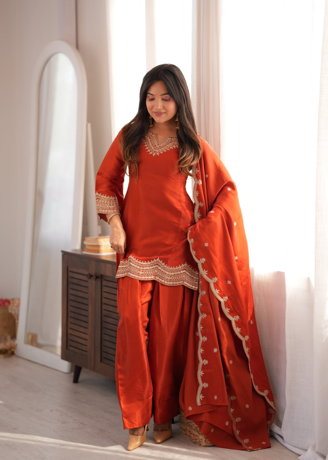 Rust Orange Embroidered Silk Suit Set