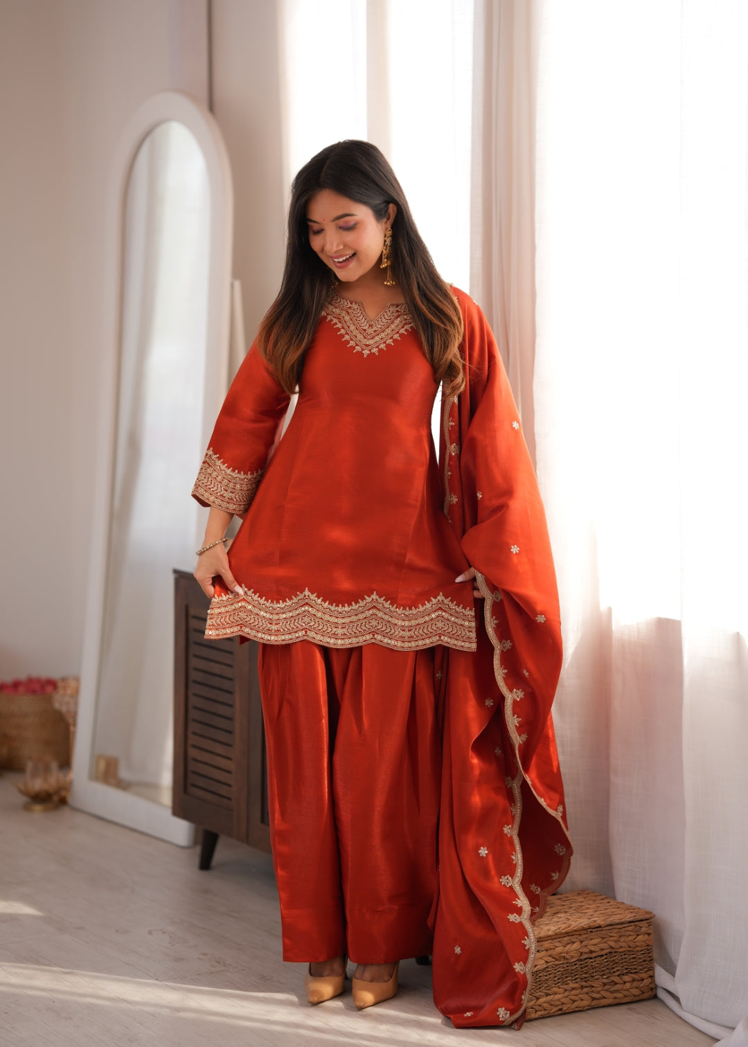 Rust Orange Embroidered Silk Suit Set