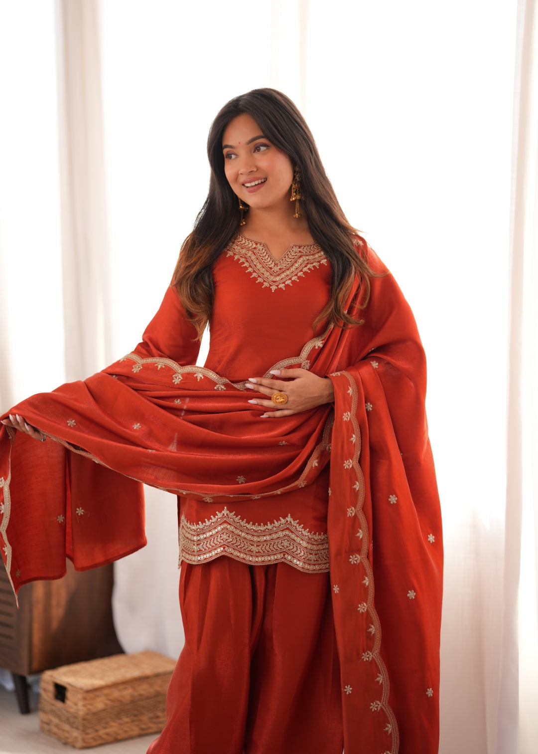 Rust Orange Embroidered Silk Suit Set