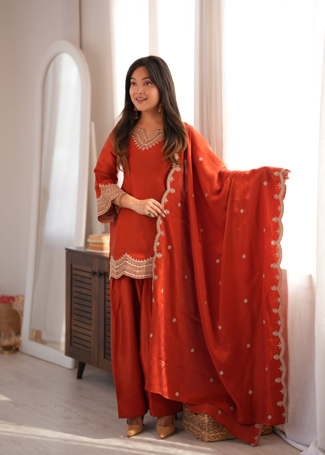 Rust Orange Embroidered Silk Suit Set