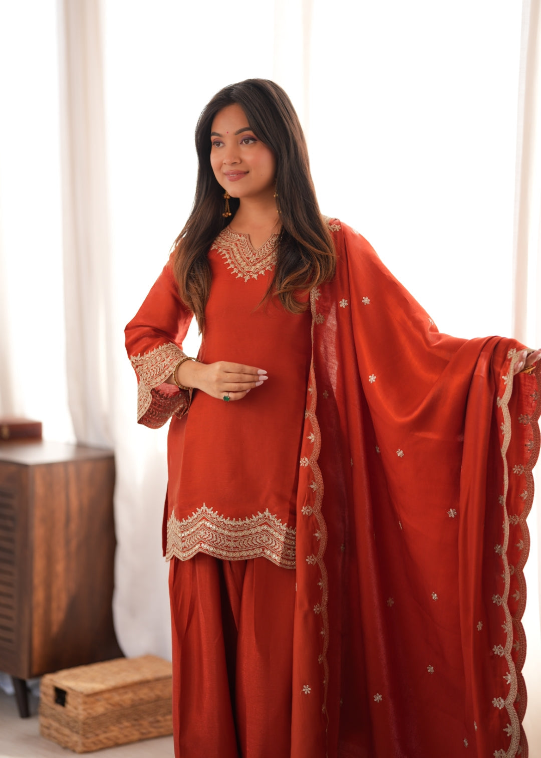 Rust Orange Embroidered Silk Suit Set