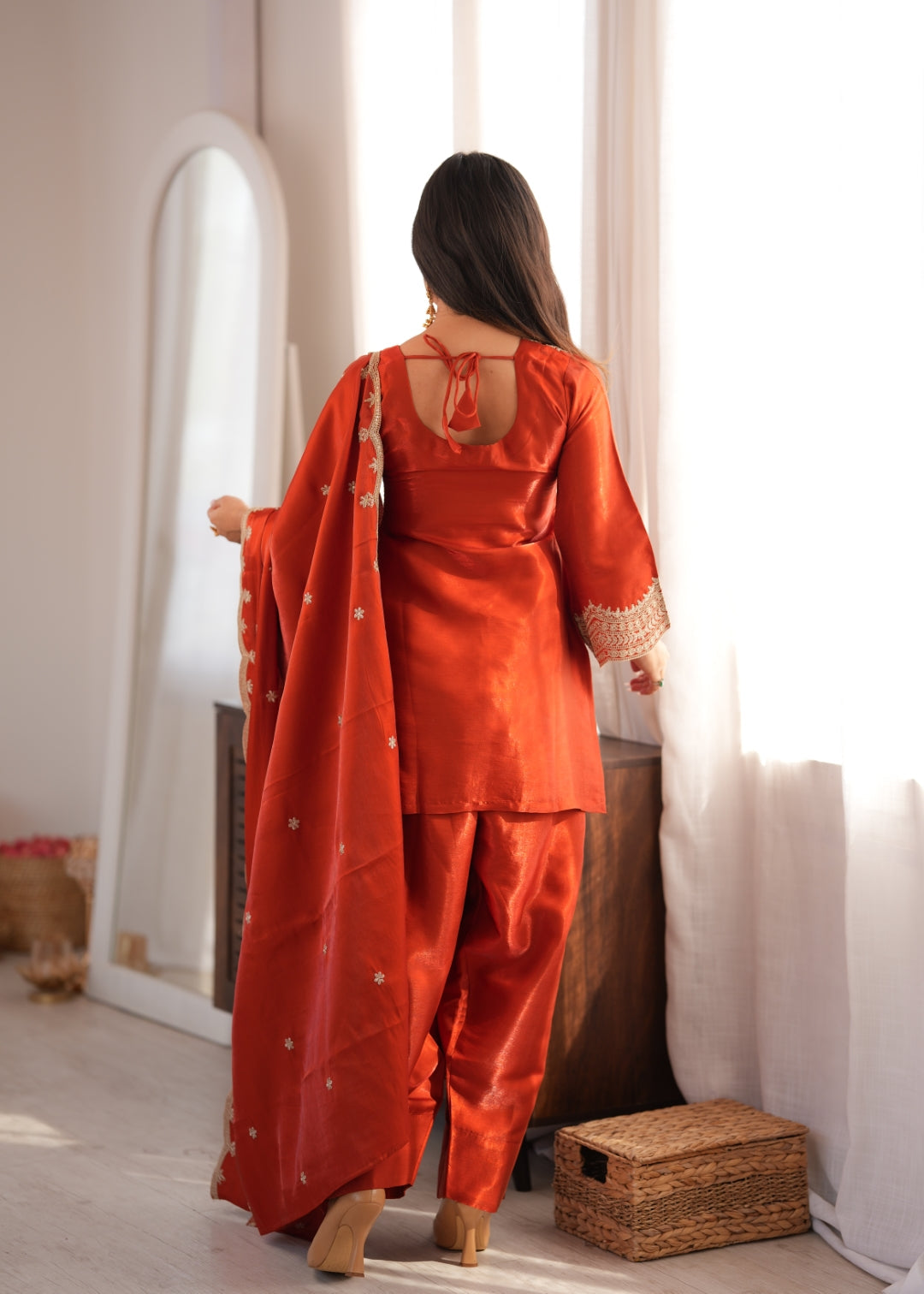 Rust Orange Embroidered Silk Suit Set