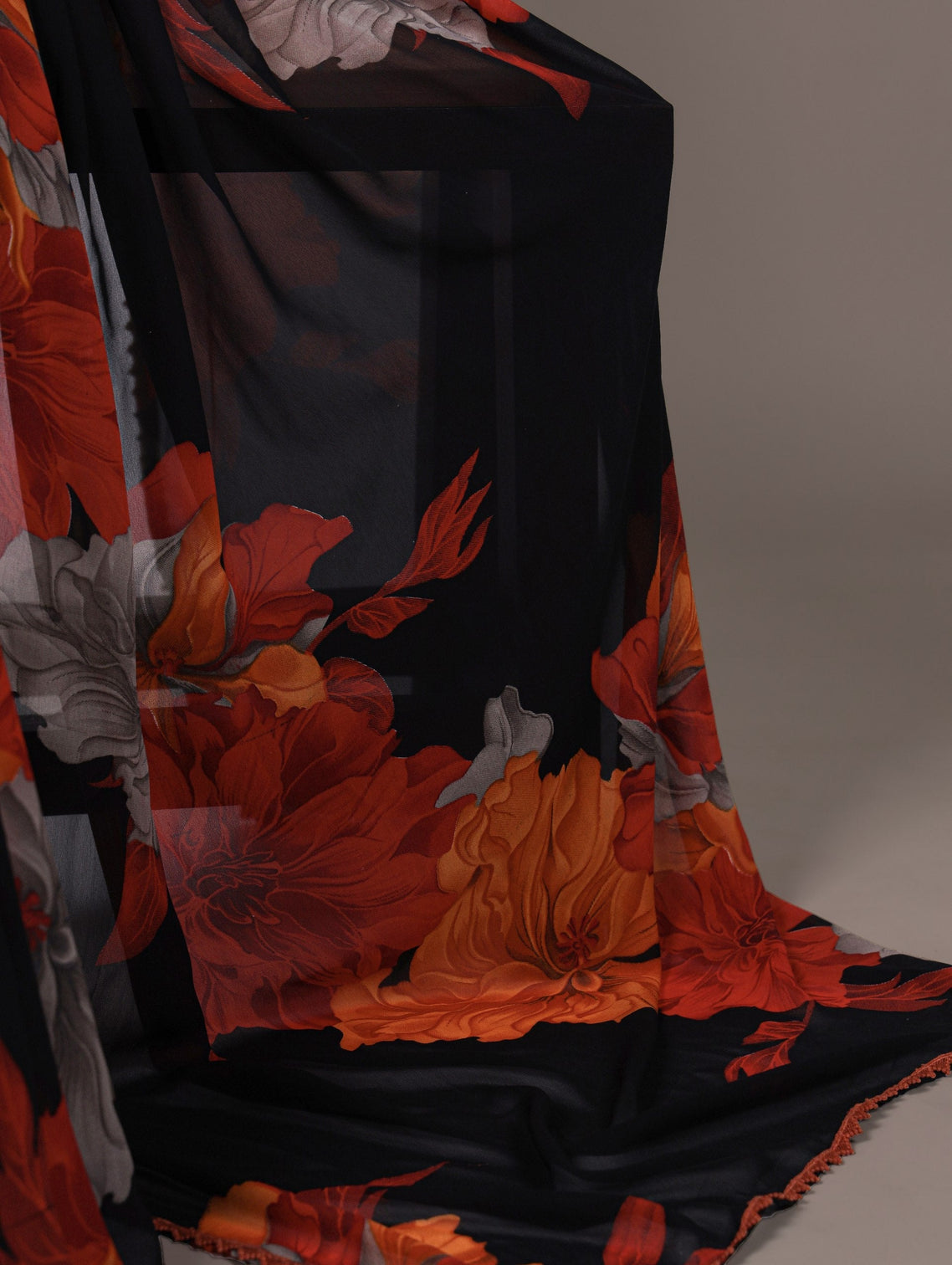 Rust Orange Weightless Marbal Floral Printed Saree with Lace Border & Unstitched Banglory Plain Blouse