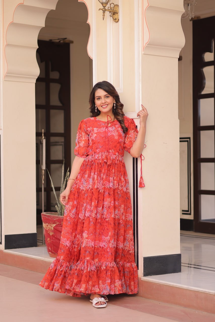 Rust Printed Faux Georgette Anarkali Gown with 7-Meter Flair and Bell Sleeves