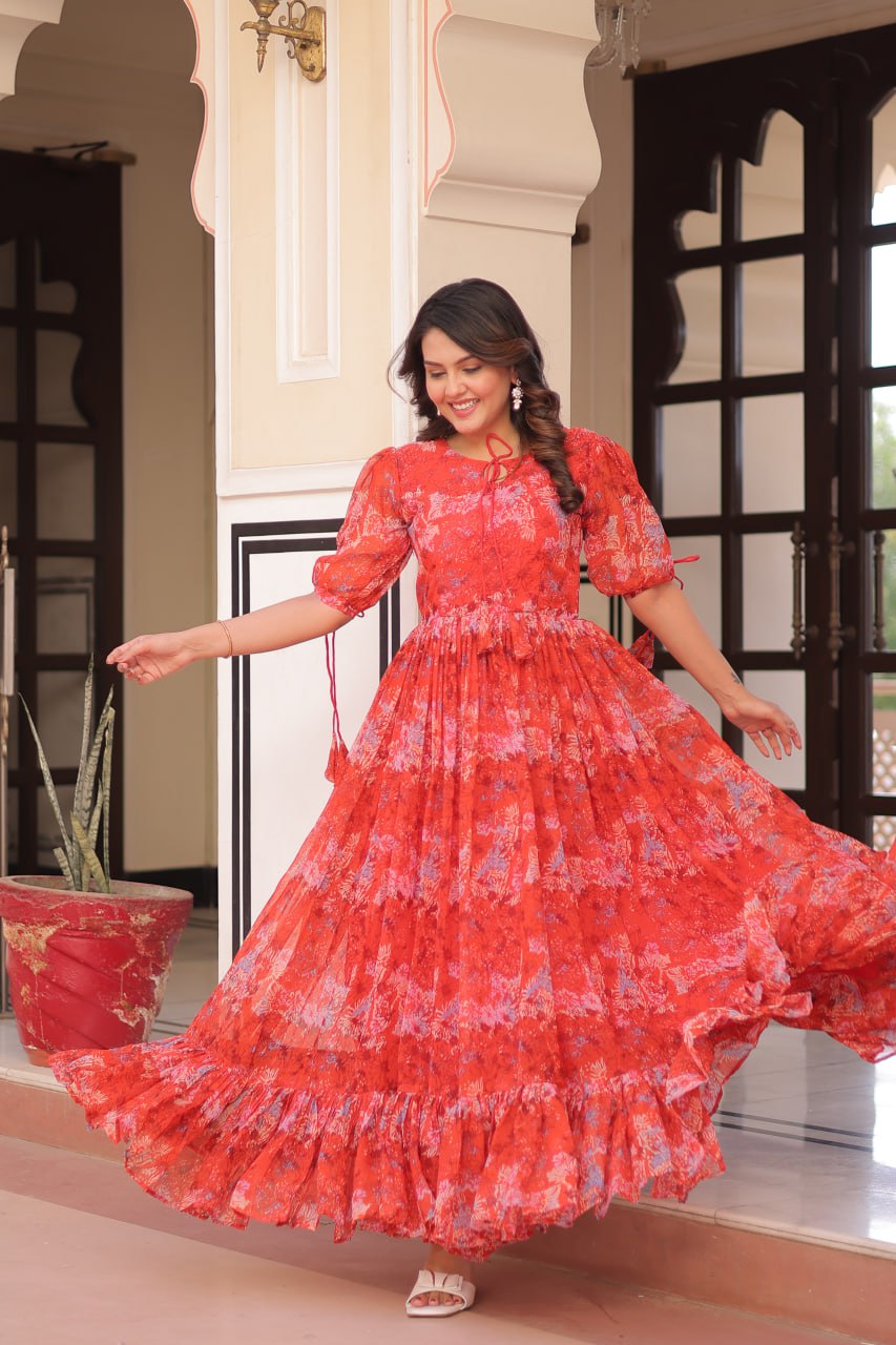 Rust Printed Faux Georgette Anarkali Gown with 7-Meter Flair and Bell Sleeves