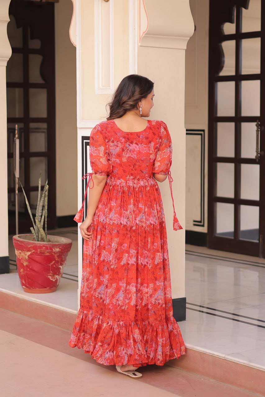 Rust Printed Faux Georgette Anarkali Gown with 7-Meter Flair and Bell Sleeves