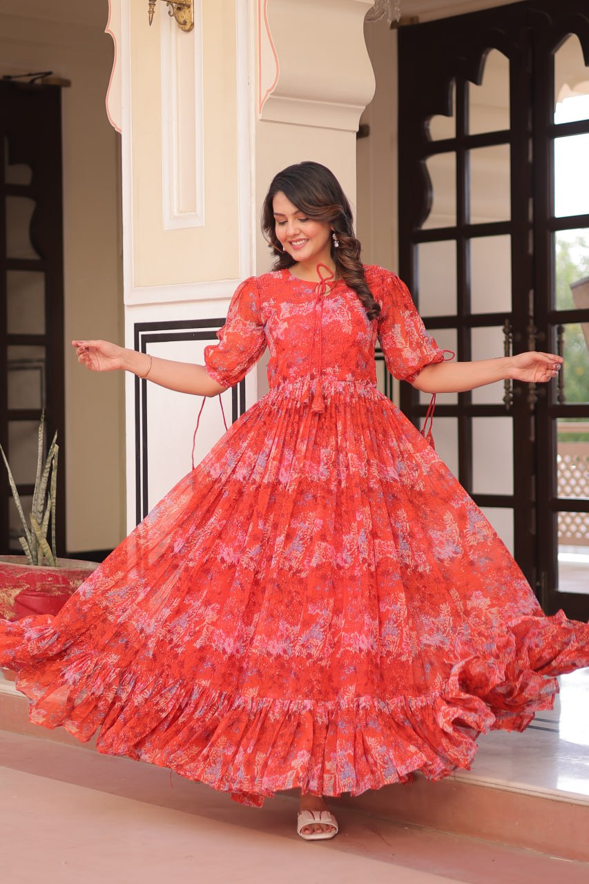 Rust Printed Faux Georgette Anarkali Gown with 7-Meter Flair and Bell Sleeves