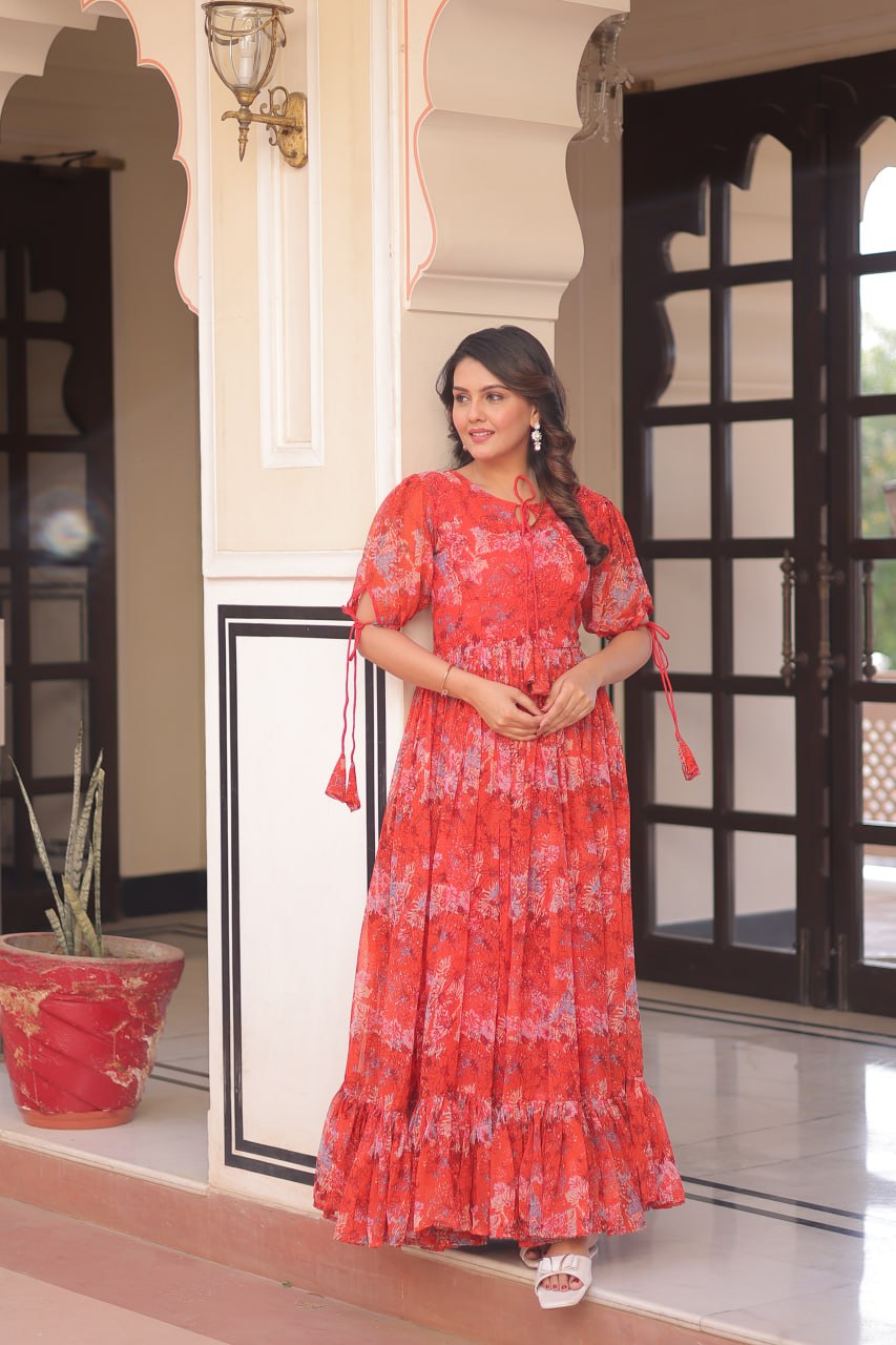 Rust Printed Faux Georgette Anarkali Gown with 7-Meter Flair and Bell Sleeves