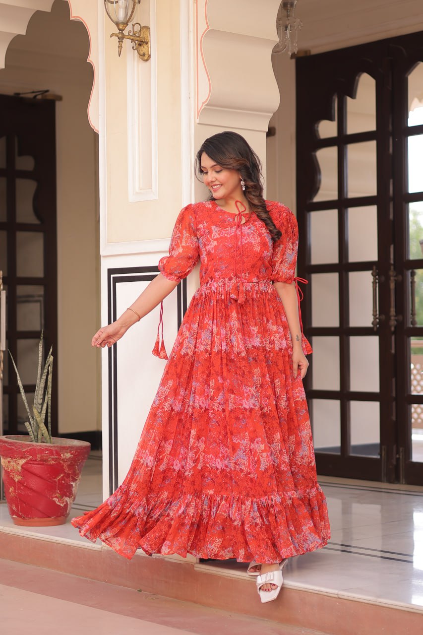 Rust Printed Faux Georgette Anarkali Gown with 7-Meter Flair and Bell Sleeves