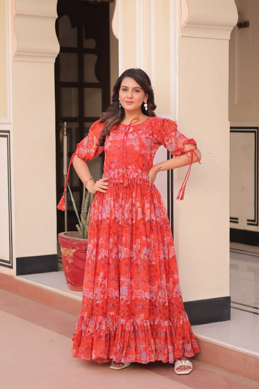 Rust Printed Faux Georgette Anarkali Gown with 7-Meter Flair and Bell Sleeves