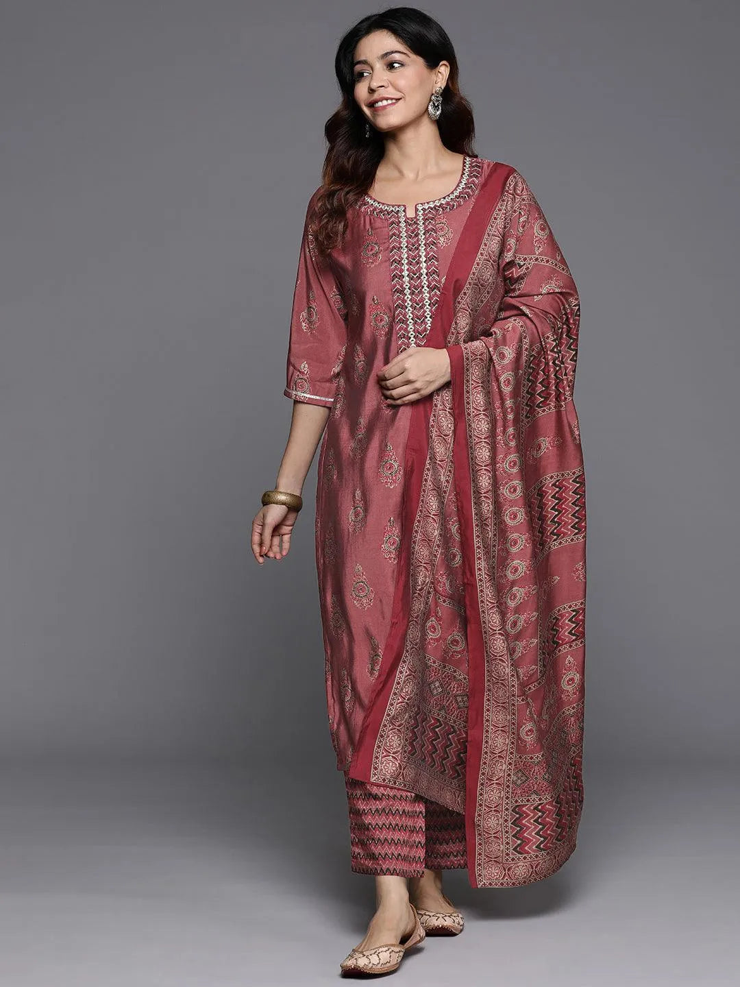 Mameraa Rust Printed Silk Blend Straight Suit With Dupatta