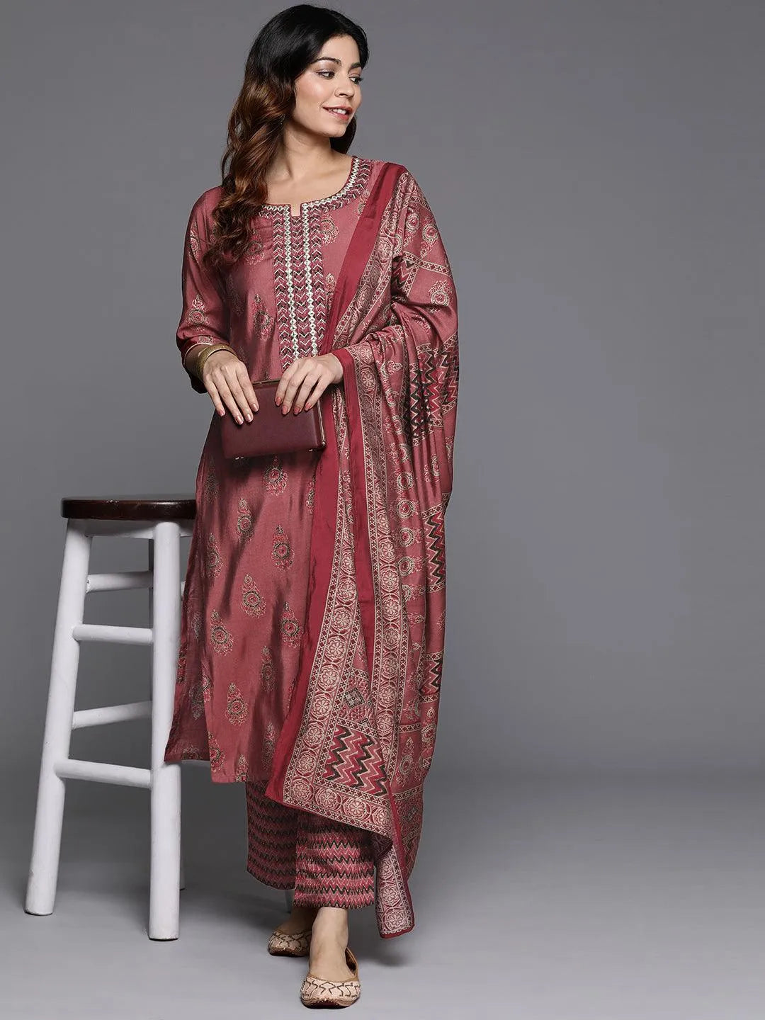Mameraa Rust Printed Silk Blend Straight Suit With Dupatta