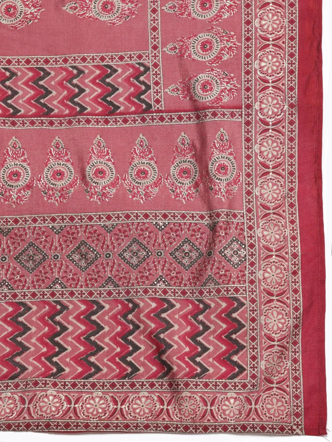 Mameraa Rust Printed Silk Blend Straight Suit With Dupatta