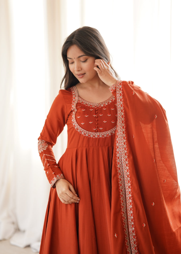 Rust Roman Chanderi Anarkali Pant Set