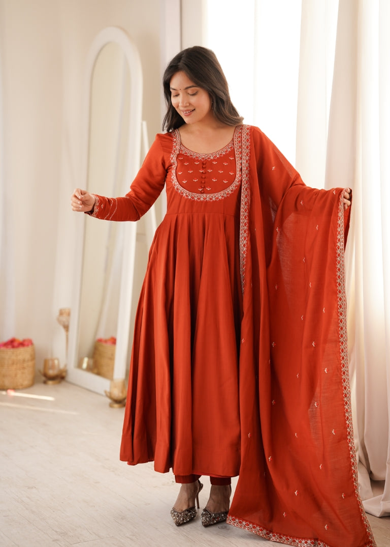 Rust Roman Chanderi Anarkali Pant Set