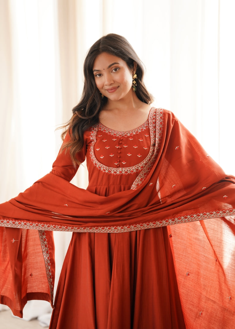 Rust Roman Chanderi Anarkali Pant Set