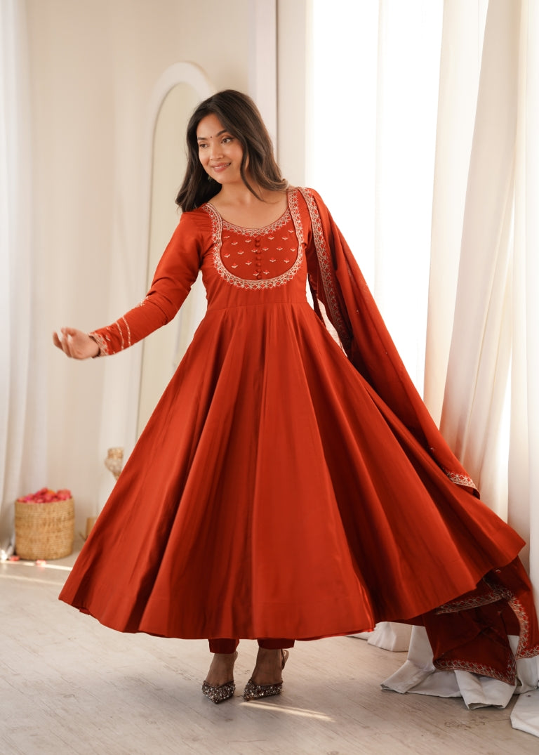 Rust Roman Chanderi Anarkali Pant Set