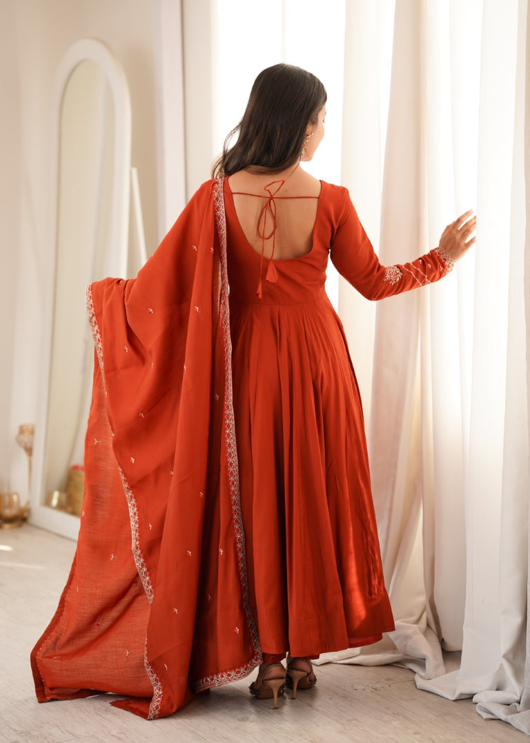 Rust Roman Chanderi Anarkali Pant Set