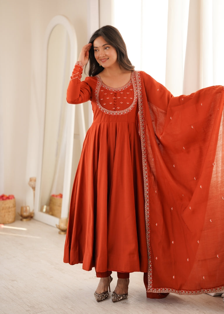 Rust Roman Chanderi Anarkali Pant Set