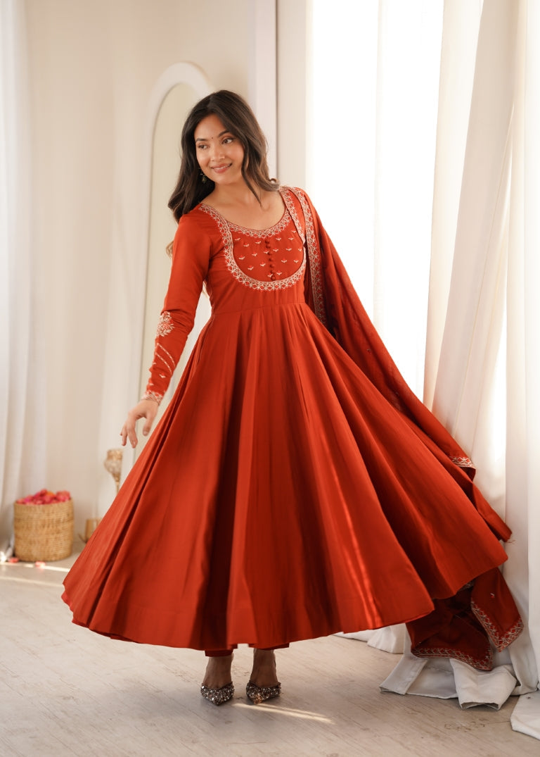 Rust Roman Chanderi Anarkali Pant Set