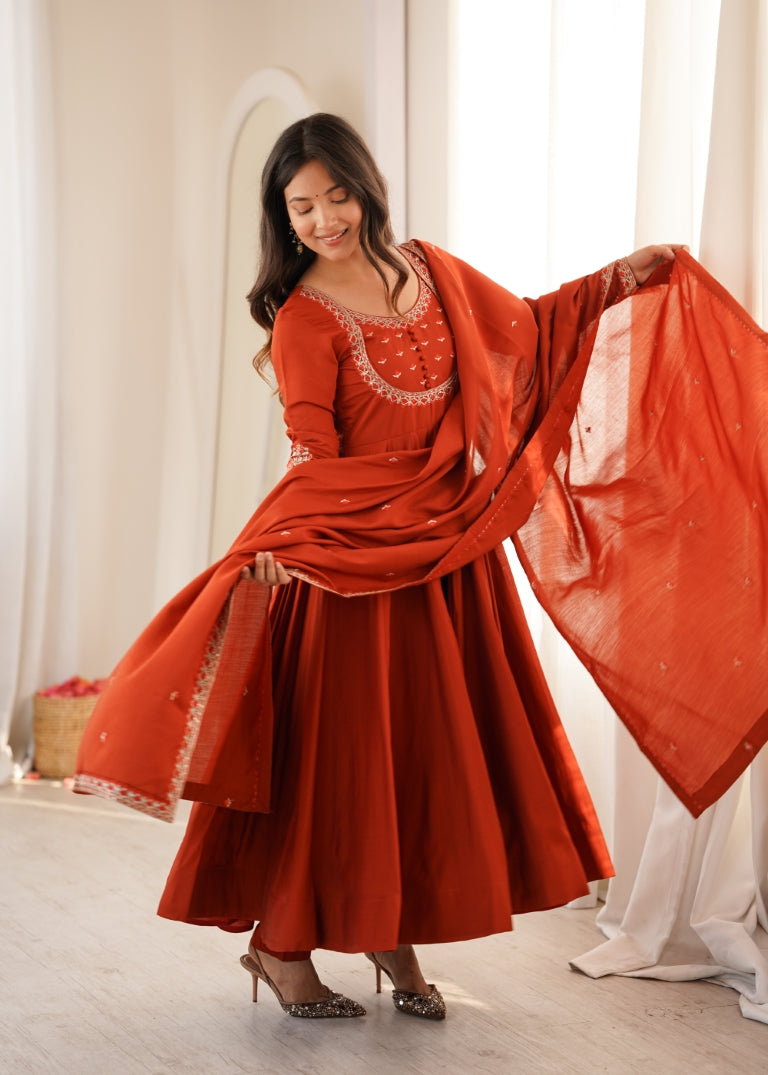 Rust Roman Chanderi Anarkali Pant Set