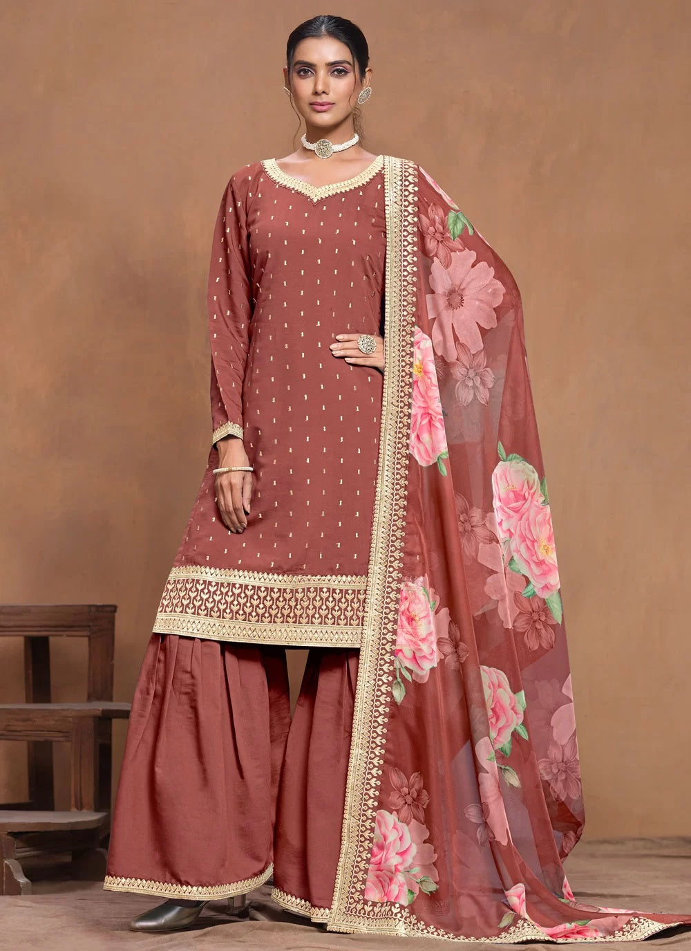 Rust roman silk sharara suit with gota patti and organza dupatta for women