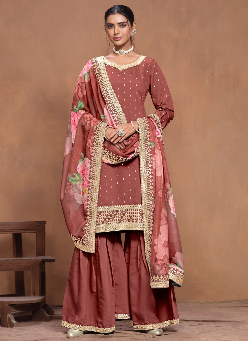Rust roman silk sharara suit with gota patti and organza dupatta for women