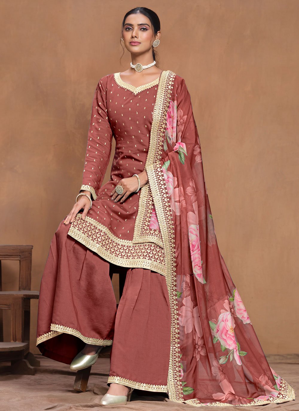 Rust roman silk sharara suit with gota patti and organza dupatta for women