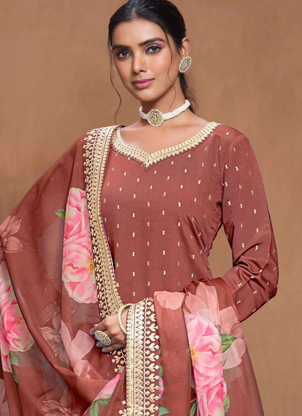 Rust roman silk sharara suit with gota patti and organza dupatta for women