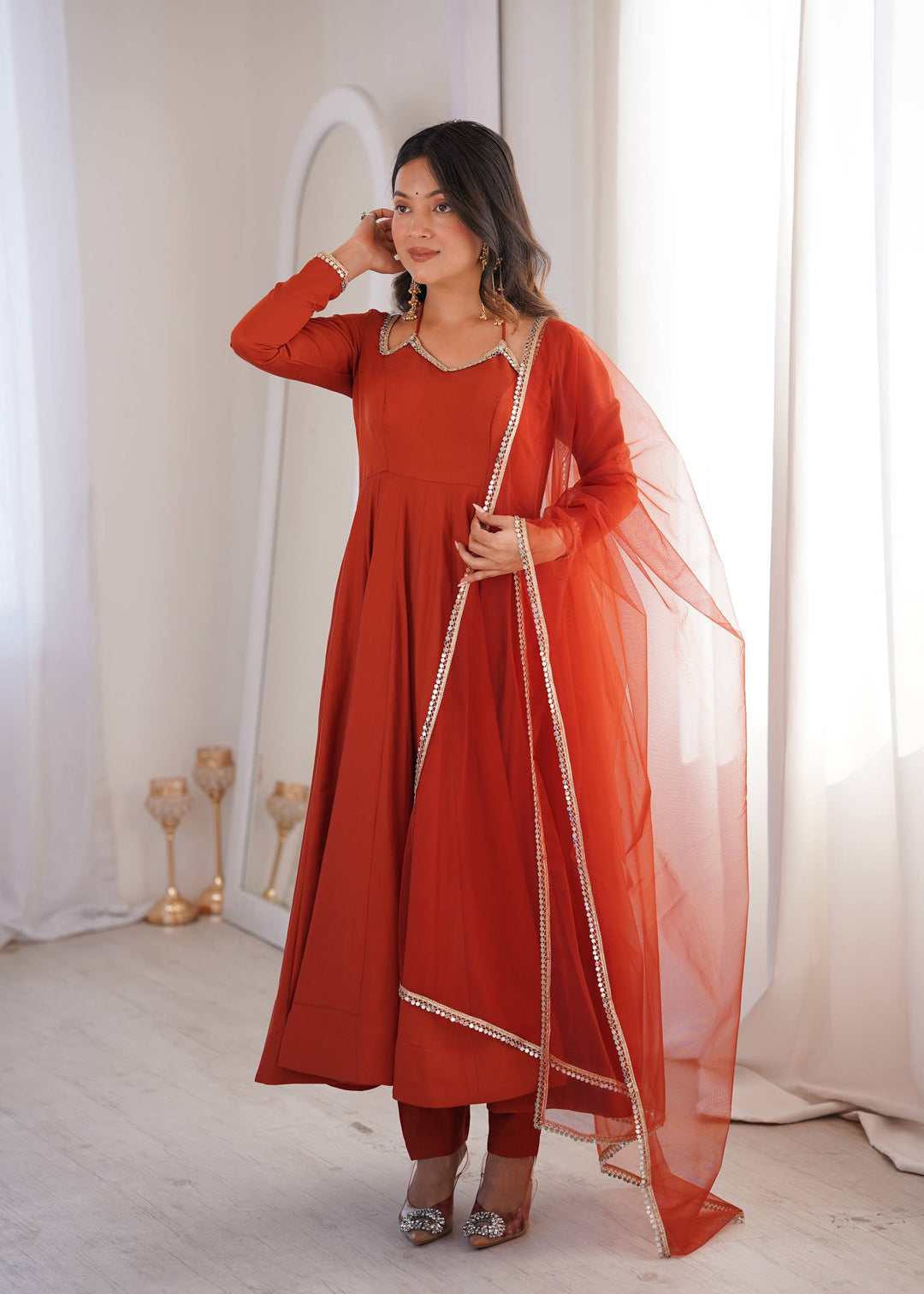 Rust Silk Chanderi Anarkali Gown