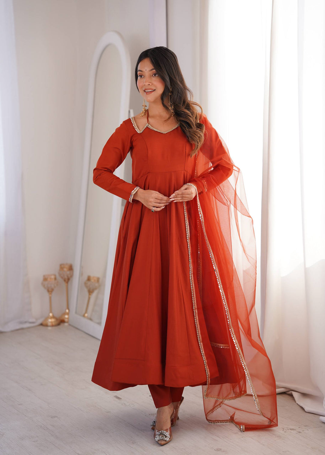Rust Silk Chanderi Anarkali Gown