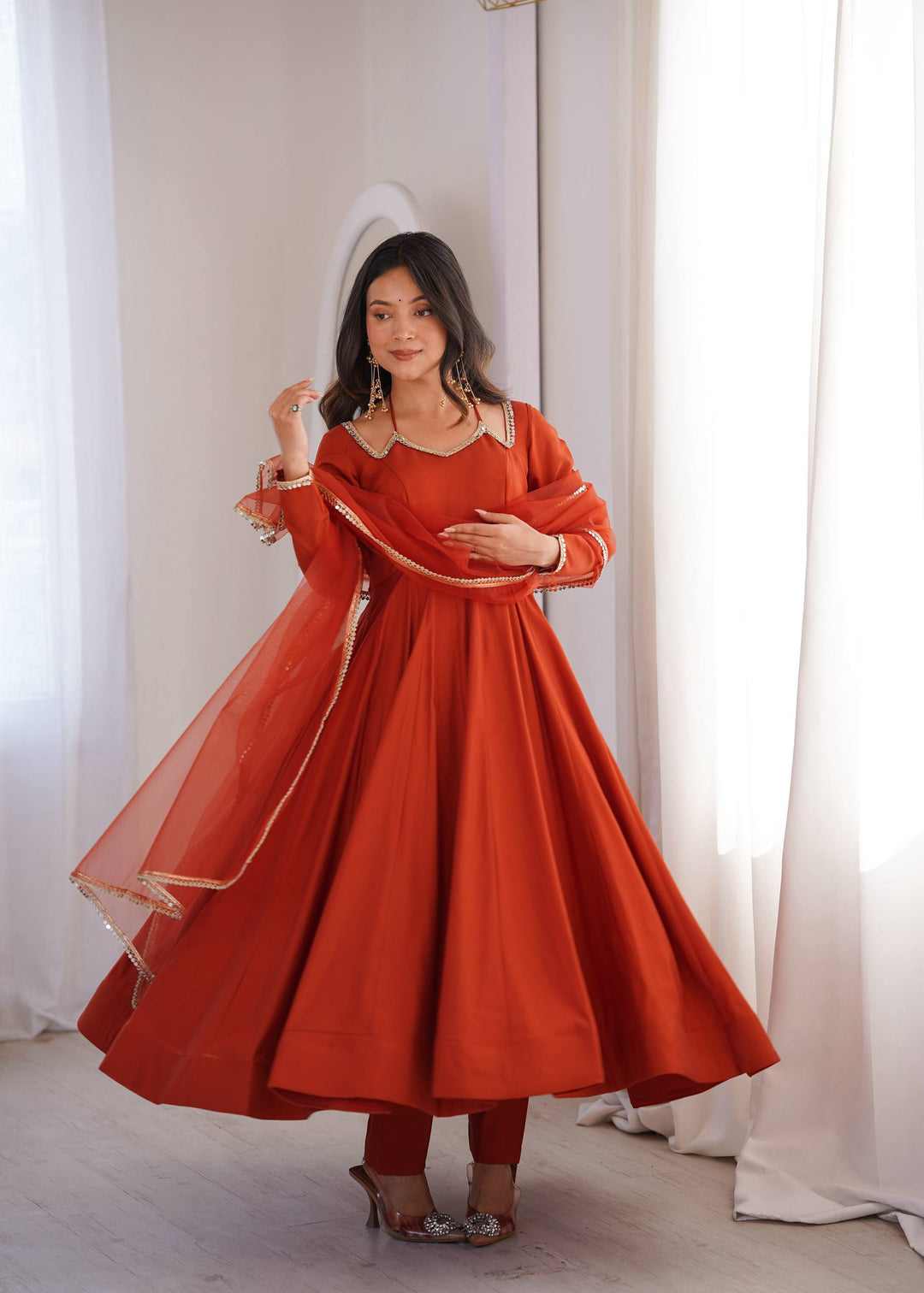 Rust Silk Chanderi Anarkali Gown