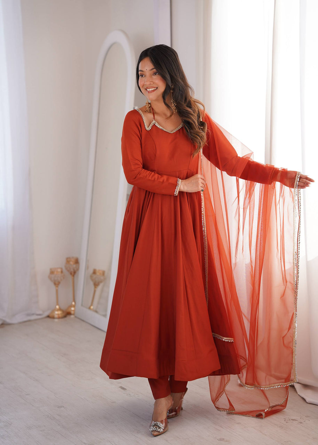 Rust Silk Chanderi Anarkali Gown
