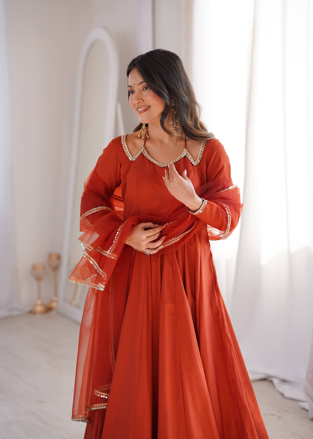 Rust Silk Chanderi Anarkali Gown