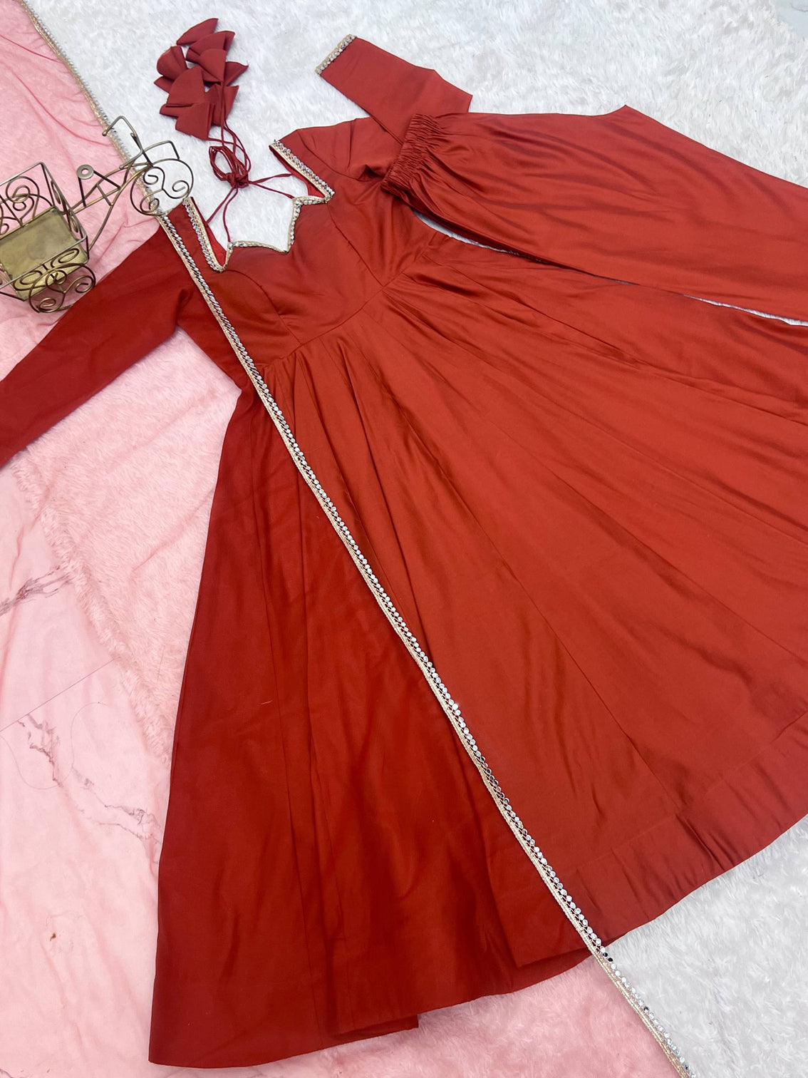 Rust Silk Chanderi Anarkali Gown