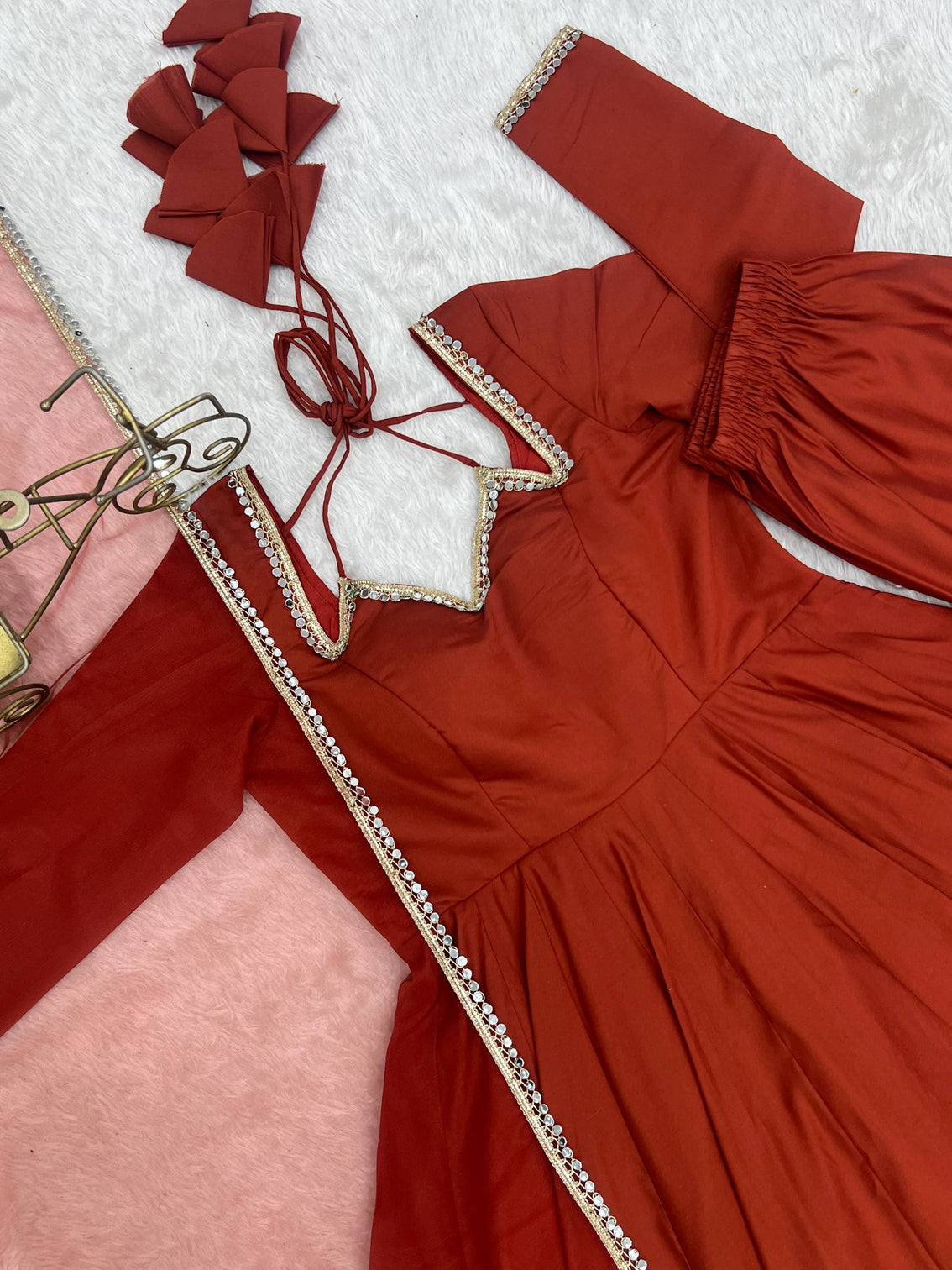 Rust Silk Chanderi Anarkali Gown