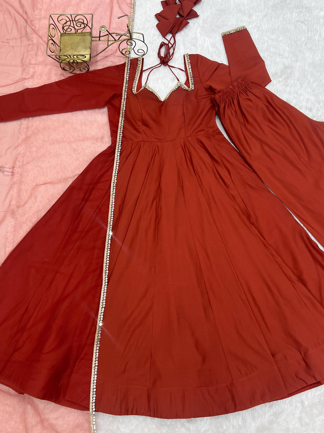 Rust Silk Chanderi Anarkali Gown