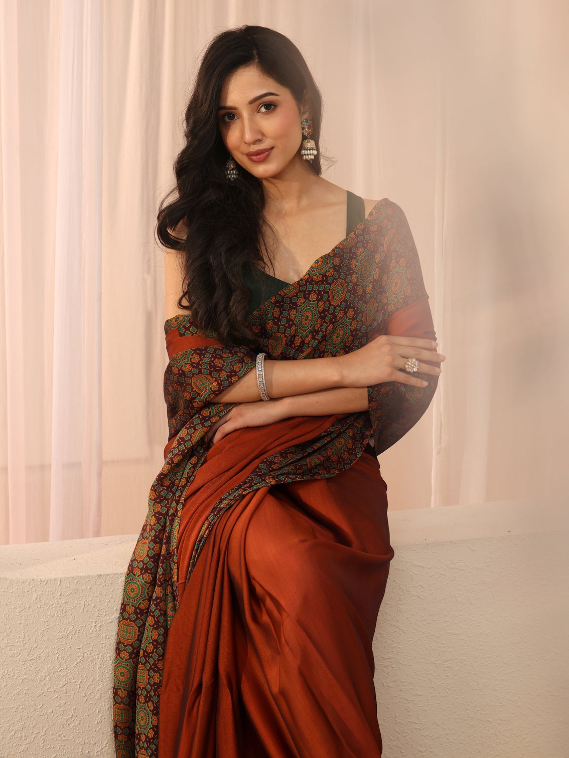Mameraa Rust Chiffon Saree with Printed Border