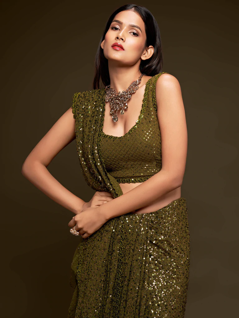 Sabyasachi olive green sequins georgette party wear saree with blouse