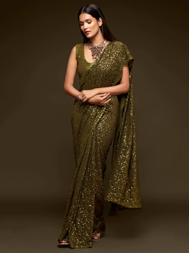 Sabyasachi olive green sequins georgette party wear saree with blouse