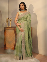 Libas Sage Green Ethnic Embroidered Silk Blend Saree