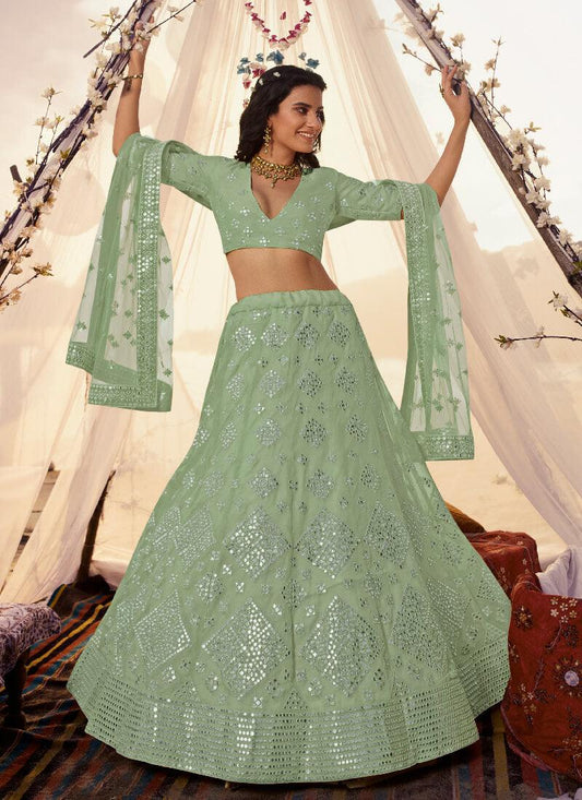 Sage Green Foil Mirror Resham Lehenga Choli Set