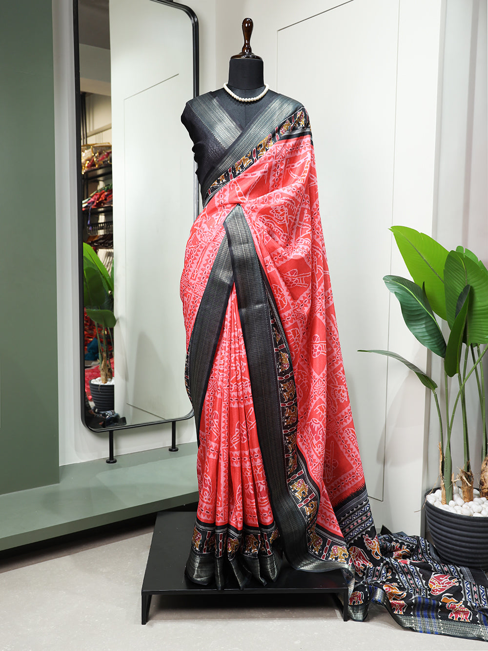 Salmon Color Printed With Zari Border Dola Silk Festive Wear Saree