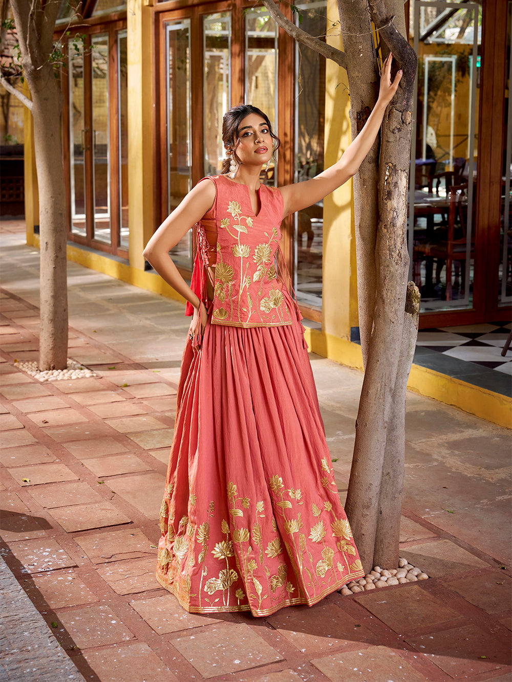 Salmon shimmer lehenga choli with thread embroidery foil work