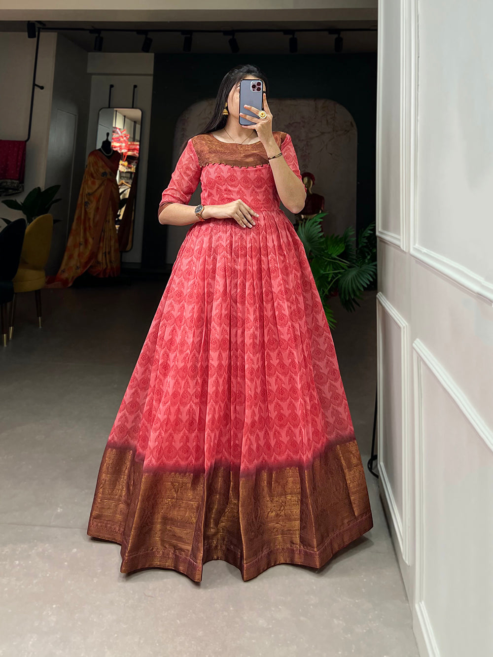 Salmon Color Print With Zari Patta  Soft Cotton Dress